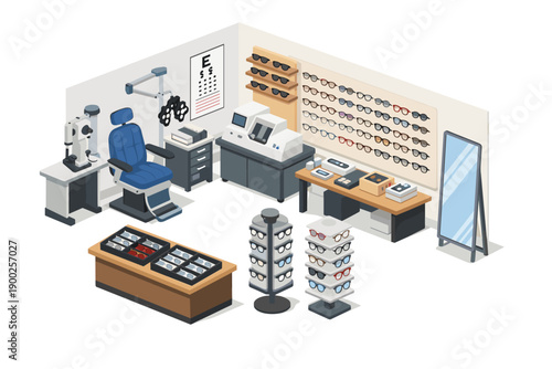 Modern optometry clinic interior with eye examination equipment and eyewear displays