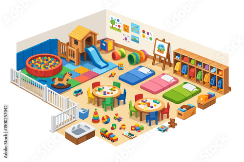 Bright daycare playroom with ballpit, slide, mats, nap beds, toys and cubbies for preschool children