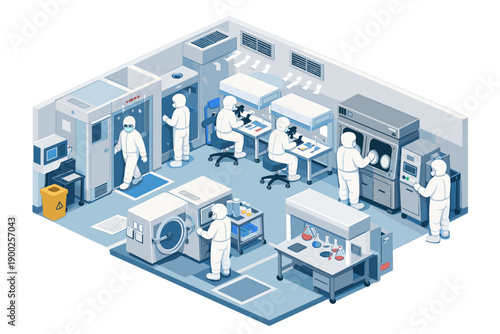 Modern laboratory with scientists in clean suits conducting research and experiments