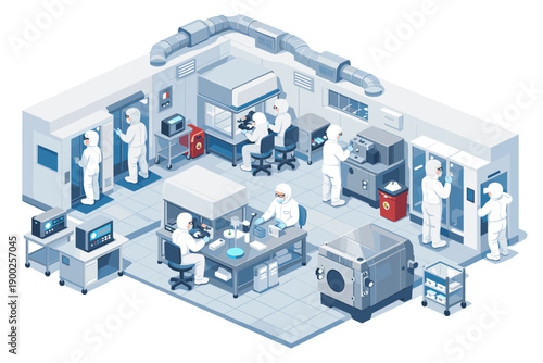 Modern cleanroom laboratory with scientists in protective suits conducting research and experiments