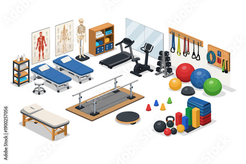 Rehabilitation and physical therapy equipment collection in isometric view