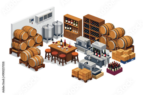 Isometric wine production facility with barrels, tanks, bottling machines, and wine racks