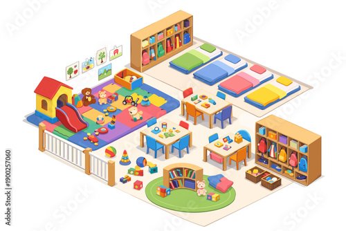 Isometric kindergarten classroom with play area, nap beds, and learning tables