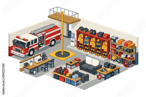 Isometric view of a fire station interior with equipment and fire truck ready for action