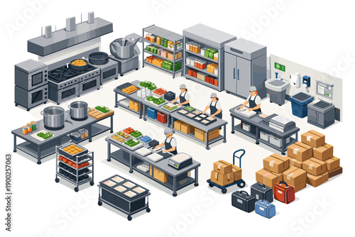 Isometric commercial kitchen with staff preparing food and organized workstations
