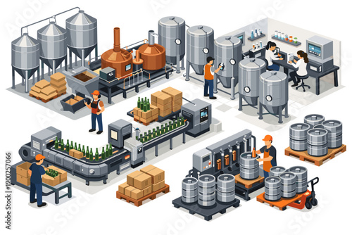 Modern brewery production line with automated machinery and workers overseeing the process