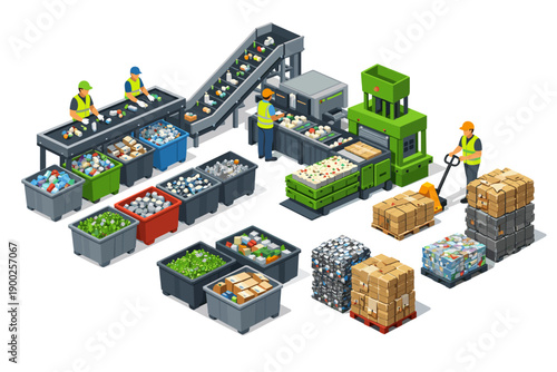 Automated recycling plant with workers sorting materials on conveyor belts and processing equipment