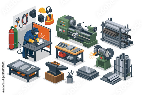 Industrial workshop scene with welder, lathe, grinder, and metal stock