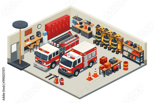Isometric fire station interior with trucks, gear, and equipment ready for action