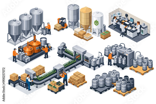 Isometric view of a modern beverage production facility with automated machinery and workers