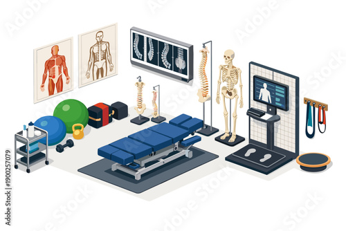 Isometric chiropractic clinic interior with medical equipment and anatomical models