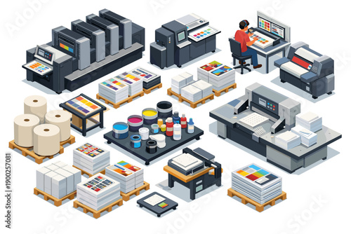 Modern printing industry equipment and supplies displayed in isometric view