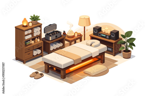 Cozy isometric spa room with massage table, aromatherapy diffuser, and warm lighting