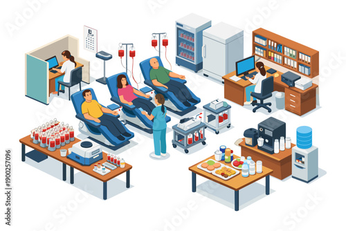 Isometric blood donation center with donors, nurses, and refreshments