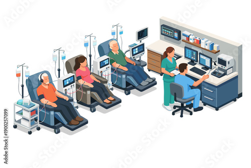 Medical professionals monitor patients undergoing dialysis treatment in a modern clinic setting