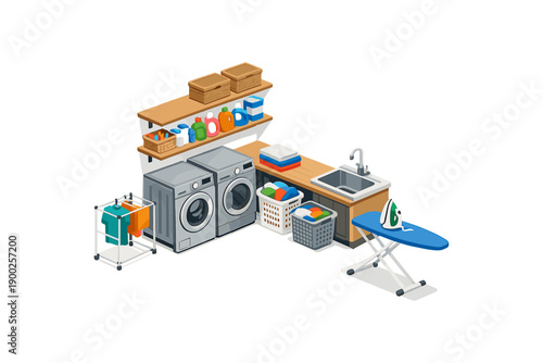 Isometric laundry room with washing machines, sink, ironing board, and supplies