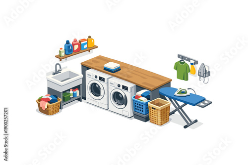 Modern laundry room with washing machines, sink, ironing board, and baskets of clothes