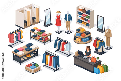 Isometric clothing store interior with displays, mannequins, fitting rooms, and cashier counter