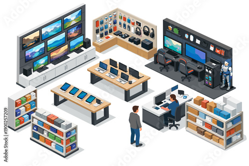 Isometric view of a modern electronics store with various gadgets and displays