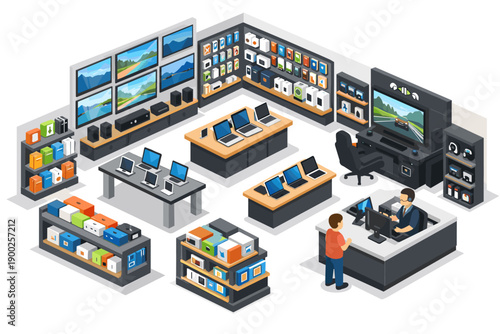 Isometric electronics store interior with displays of gadgets, laptops, and TVs