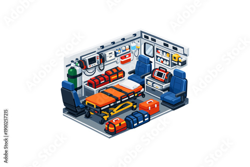 Interior view of an ambulance equipped for emergency medical response and patient transport