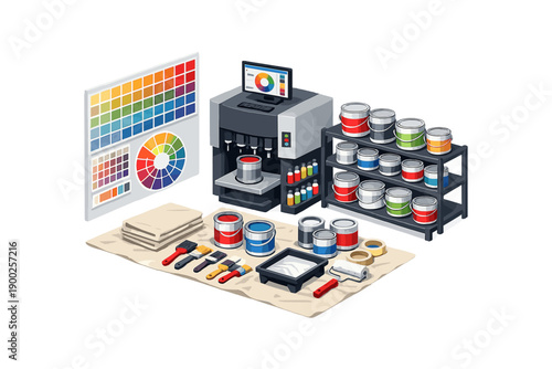 Color matching machine with paint supplies and color palette for accurate hue selection
