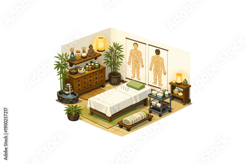 Acupuncture treatment room with massage bed, herbal remedies, and meridian charts