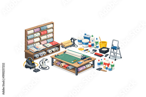 Home renovation and DIY supplies, including wallpaper, paint, and tools for a clean finish