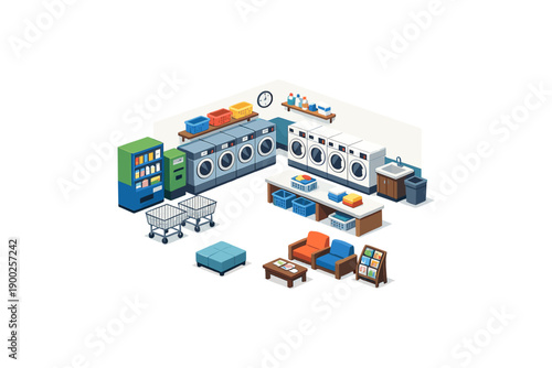 Isometric view of a modern laundromat with washing machines, dryers, and seating area