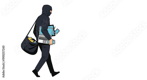 Anonymous hooded thief walking away, laden with stolen gadgets and electronics, depicting property theft and security