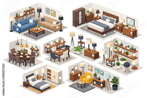 Isometric view of various furnished rooms and furniture arrangements for home decor