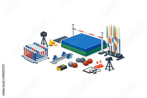 Collection of athletic track and field equipment for competition and training