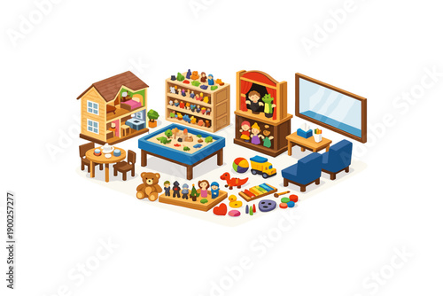 Isometric collection of toys and furniture for a child's playroom or kindergarten