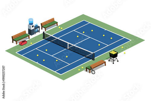 Isometric tennis court with balls, benches, water cooler, and equipment cart