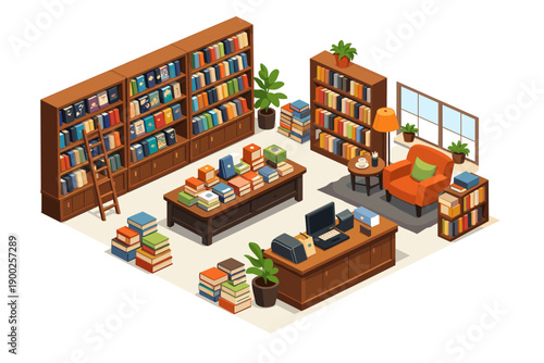 Cozy isometric bookstore interior with bookshelves, reading chair, and checkout counter