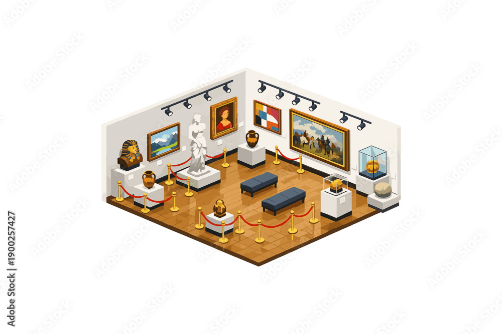 Obraz premium Isometric museum interior with paintings, sculptures, and artifacts displayed behind velvet ropes