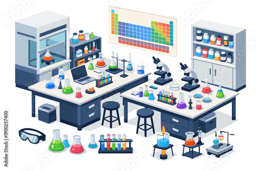Modern science laboratory with equipment and periodic table on the wall