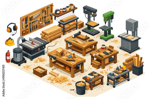 Isometric woodworking workshop with tools, lumber, and machinery