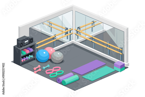 Isometric fitness studio with ballet barre, yoga mats, and exercise equipment