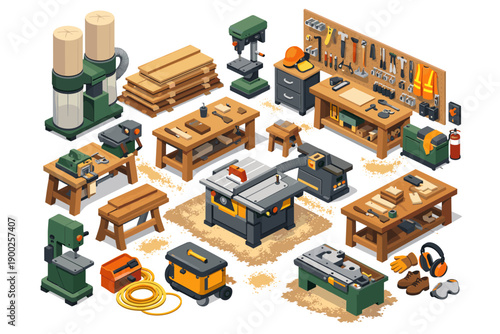 Isometric woodworking workshop with various tools and machinery for carpentry projects