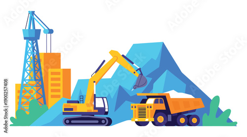 A vibrant illustration of heavy construction equipment operating in a mountainous terrain with a cityscape in the background.