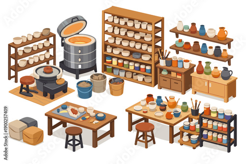Ceramics studio setup with pottery wheel, kiln, shelves, and tools