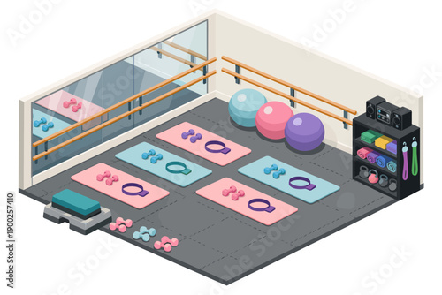 Isometric fitness studio with yoga mats, dumbbells, exercise balls, and ballet barre