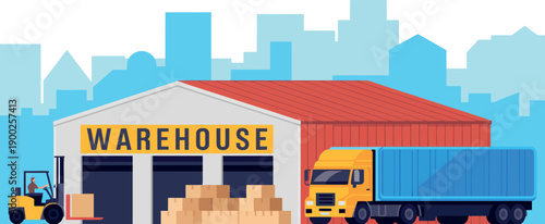 A large warehouse with a red roof and a yellow truck parked outside, surrounded by cardboard boxes and a forklift.