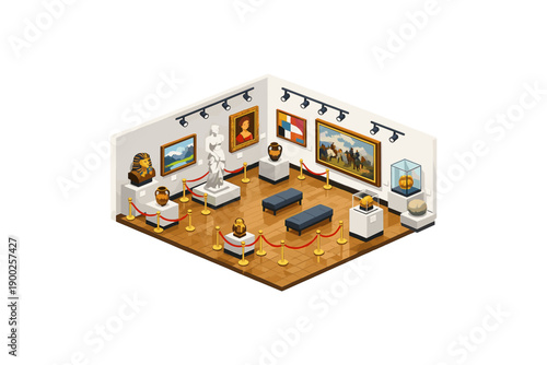 Isometric museum interior with paintings, sculptures, and artifacts displayed behind velvet ropes