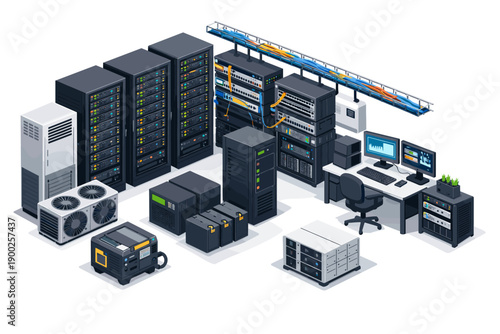Isometric server room with racks, computers, and cooling systems
