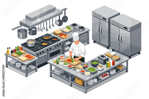 Professional chef preparing ingredients in a modern, well-equipped commercial kitchen setting