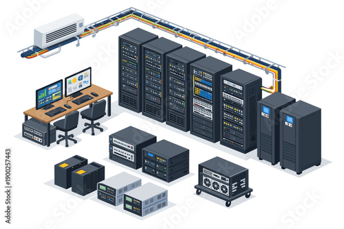 Isometric data center with servers, computers, and cooling system