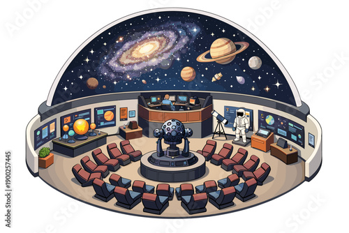 Inside a planetarium with seats, projector, and space-themed displays