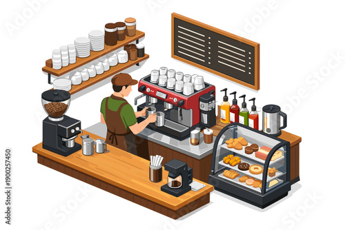 Barista preparing coffee at a modern espresso machine in a cozy cafe interior